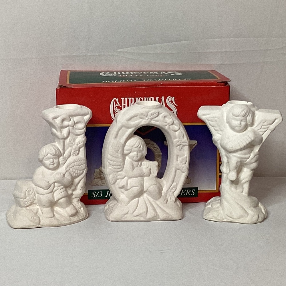 VTG Magic Creations 1996 JOY Angel Ceramic Candle Holder‎ Set Holiday Tradition